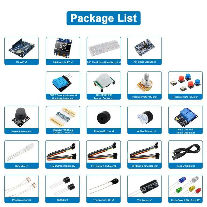 Electronic Components list for Arduino uno r4 starter kit